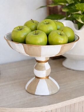 New! Fresh Taupe Checked Decorative Pedestal Bowl!
